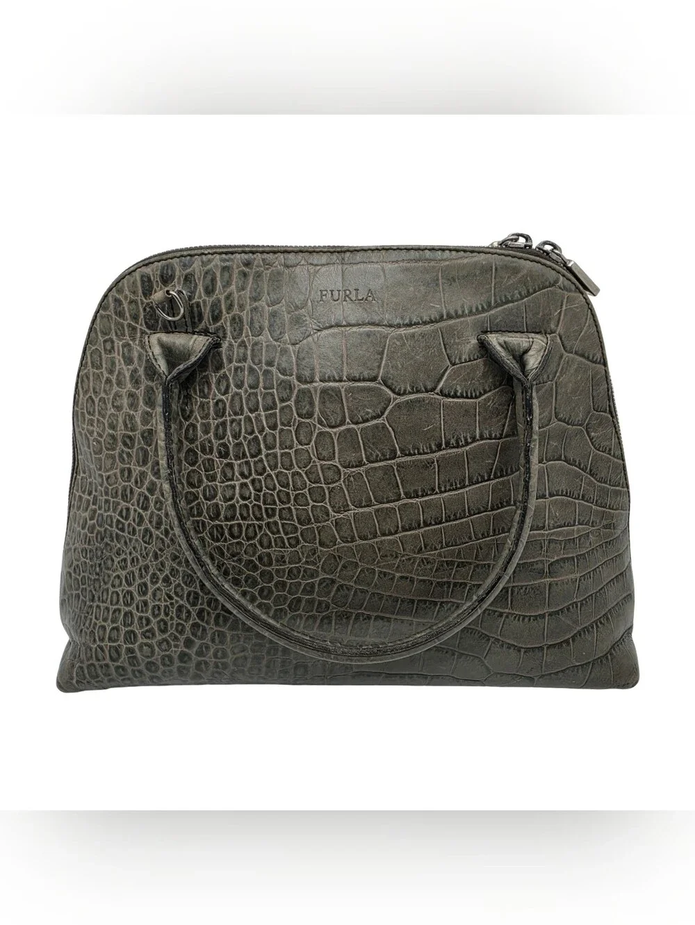 Vintage Furla Crocodile Embossed Green Leather Dome Satchel